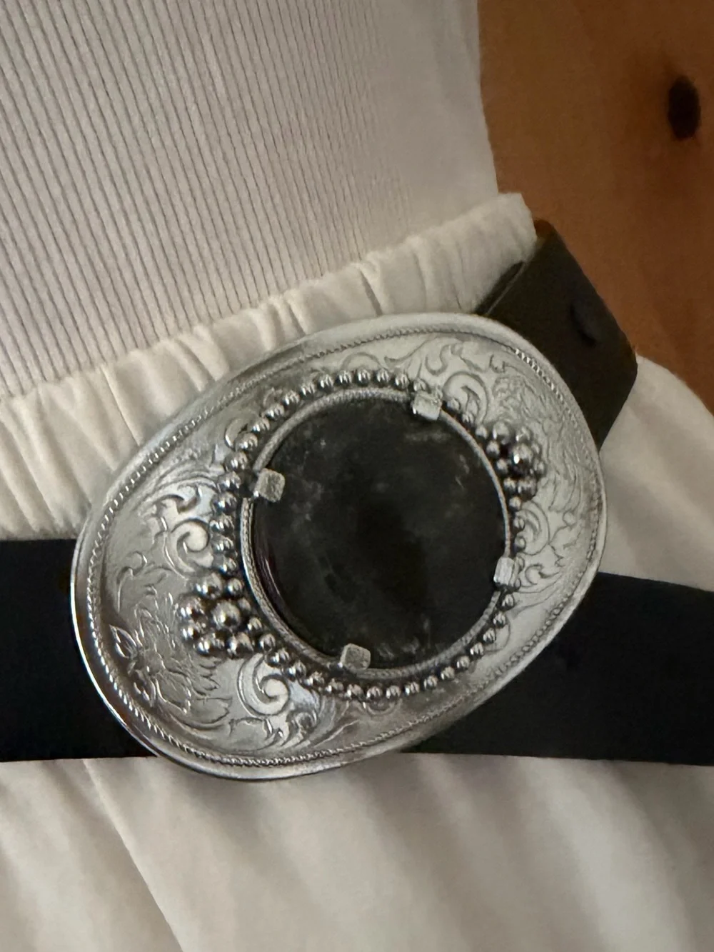 Silvertone Western Belt Buckle w Black Stone Accent Boho Cowboy Southwest Chic